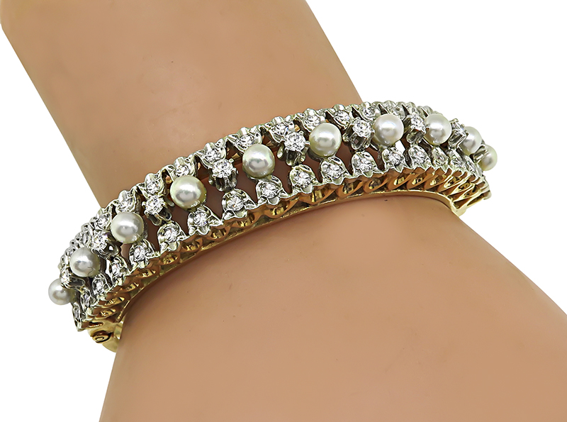 1940s Pearl 1.75ct Diamond Gold Bangle