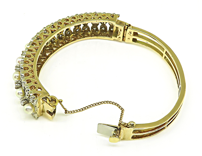 1940s Pearl 1.75ct Diamond Gold Bangle