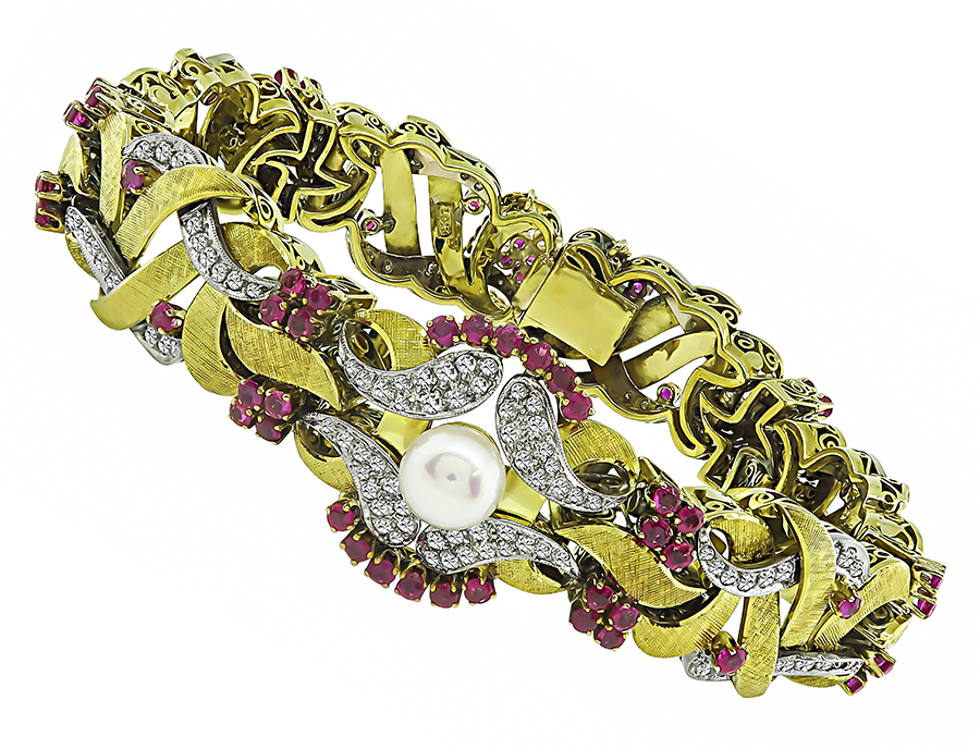 Vintage Pearl 3.00ct Diamond 2.40ct Ruby Gold Bracelet