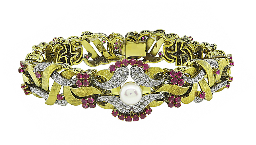 Vintage Pearl 3.00ct Diamond 2.40ct Ruby Gold Bracelet