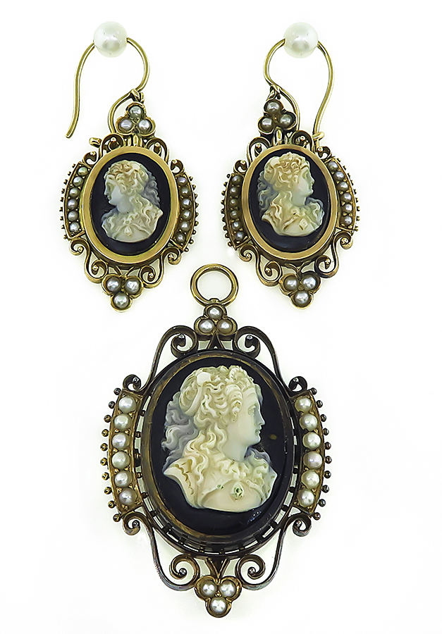 Victorian Pearl Onyx Cameo Pendant/Pin and Earrings Set