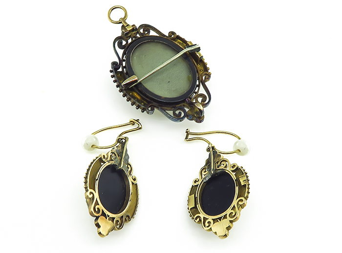 Victorian Pearl Onyx Cameo Pendant/Pin and Earrings Set