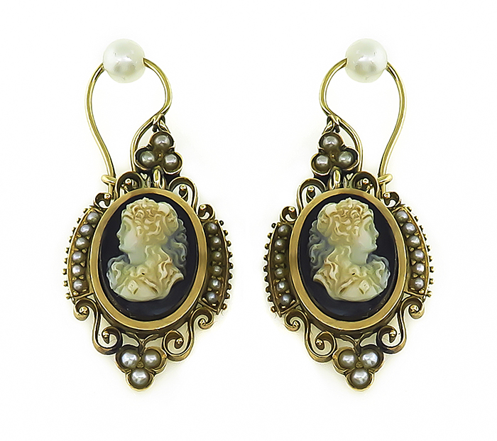 Victorian Pearl Onyx Cameo Pendant/Pin and Earrings Set