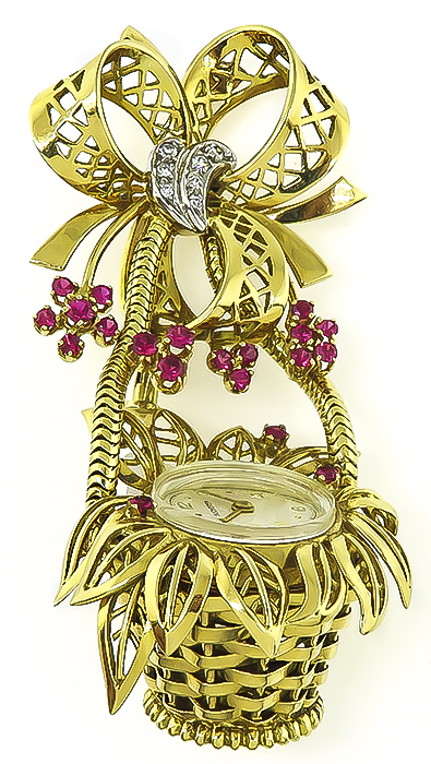 Vintage Ruby Diamond Gold Bucherer Watch Basket Pin