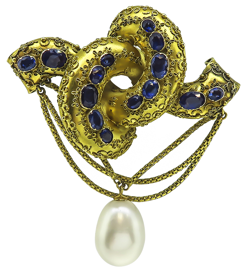 Victorian 6.00ct Sapphire Pearl Gold Pin