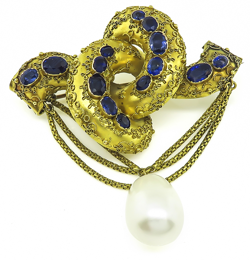 Victorian 6.00ct Sapphire Pearl Gold Pin