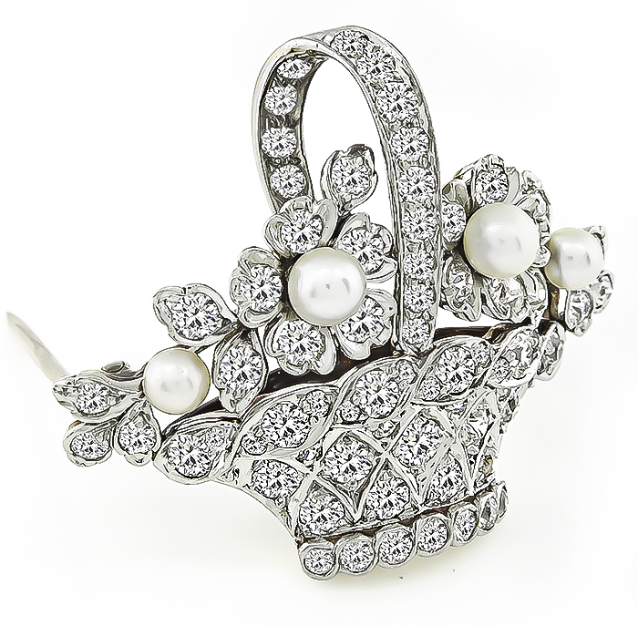 Art Deco Tiffany & Co 2.50ct Diamond Pearl Basket Pin