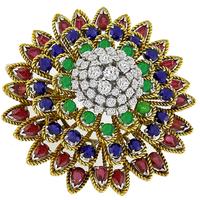 1.50ct Diamond, Sapphire, Emerald & Ruby Gold Circle Pin