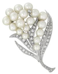 pearl 1.30ct diamond 14k gold flower pin front view photo