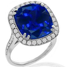 Art Deco Style 12.04ct Cushion Cut Ceylon Sapphire 1.00ct Round Cut Diamond Platinum Engagement Ring