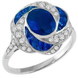 Art Deco Style 1.50ct Oval Cut Center & 0.50ct Faceted Cut Sapphire 0.40ct Round Cut Diamond 18k White Gold Ring