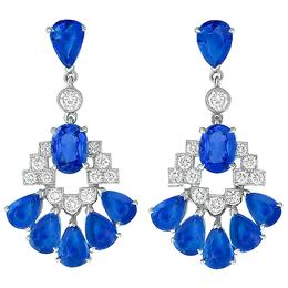 Estate 14.18ct Oval & Pear Shape Sapphire 1.20ct Round Cut Diamond 18k White Gold Chandelier Earrings 