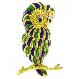 Estate 1960s Round Cut Sapphire & Diamond 18k Yellow Gold Enamel Owl Pin