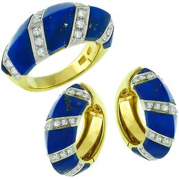 1.85ct Diamond Lapis Gold Huggies Earrings & Ring Set 1