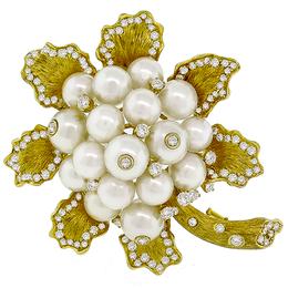 Diamond Gold Pearl Flower Pin