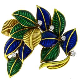 Estate Round Cut Diamond Enamel 18k Yellow Gold Foliage Pin 