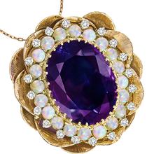 Estate Vintage 1960s 30.00ct Oval Cut Amethyst Cabochon Opal 1.00ct Round Cut Diamond 14k Yellow  & White Gold Lotus Pin/ Pendant