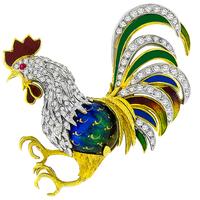 1.50ct Diamond Enamel Gold Rooster Pin