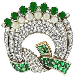 Victorian Art Deco 2.50ct Pear Shape & Square Cut Emerald 3.00ct Rose & Old Mine Diamond Platinum 18k Yellow Gold Pin