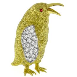 Vintage Estate 1.25ct Round Cut Diamond &  Ruby 18k Yellow Gold Penguin Pin