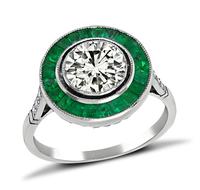 Art Deco 1.06ct Diamond Emerald Halo Engagement Ring