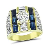 Estate 1.23ct Center Diamond 1.50ct Side Diamond Sapphire Gold Ring