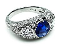 Estate 1.55ct Sapphire GIA Certified 1.08ct Diamond Anniversary Ring