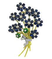 Estate 20.00ct Sapphire 1.00ct Diamond Emerald Gold Flower Pin