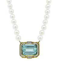 Estate 35.00ct Aquamarine 1.25ct Diamond Pearl Pin / Pendant Necklace