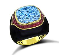 Estate 15.00ct Blue Topaz 3.00ct Ruby Onyx Gold Ring