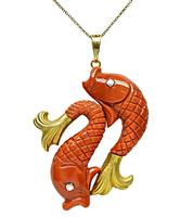 Estate Diamond Coral Gold Koi Fish Pendant