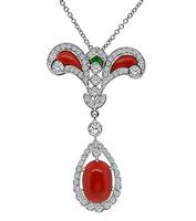 Estate Coral 1.50ct Diamond Pendant Necklace