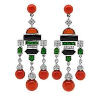 Estate 0.50ct Diamond Coral Onyx Tsavorite Chandelier Earrings