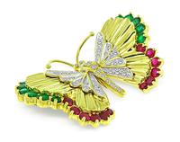 Estate 1.00ct Diamond 1.50ct Emerald 0.80ct Ruby Gold Butterfly Pin
