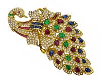 Estate 9.29ct Emerald Ruby Sapphire 4.53ct Diamond Peacock Pin