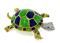 Estate Enamel Diamond Gold Turtle Pin