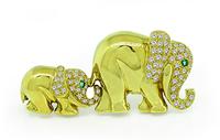 Estate 1.25ct Diamond Emerald Gold Mother and Child Elephant Pin