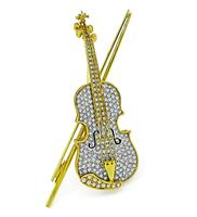 Vintage 3.50ct Round Cut Diamond Gold Enamel Violin Pin