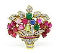 Estate 1.00ct Diamond 9.00ct Ruby 1.50ct Emerald 0.75ct Sapphire Cat's Eye Basket Pin