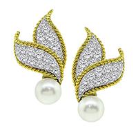 1950s 4.50ct Diamond Pearl Gold Earrings