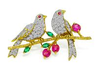 Estate 0.75ct Diamond 0.70ct Ruby Emerald Gold Love Bird Pin