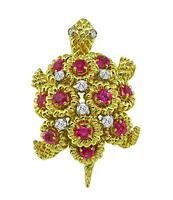 Estate 2.00ct Ruby 0.40ct Diamond Gold Turtle Pin