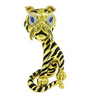 Estate Sapphire Diamond Enamel Gold Tiger Pin