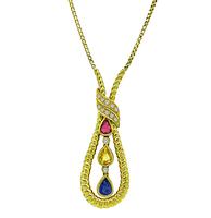 Estate 2.49ct Sapphire 0.21ct Diamond Gold Pendant Necklace