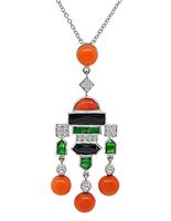 Estate Diamond Coral Onyx Tsavorite Pendant Necklace