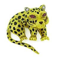 Estate Enamel Diamond Ruby Gold Cat Pin