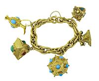 Estate Multi Color Gemstone Gold Charm Bracelet