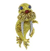 Estate Diamond Sapphire and Ruby Gold Walrus Pin