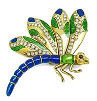 Estate Judith Lieber 2.00ct Diamond Enamel Gold Dragonfly Pin