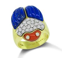 Estate 0.66ct Diamond Lapis Coral Gold Scarab Ring